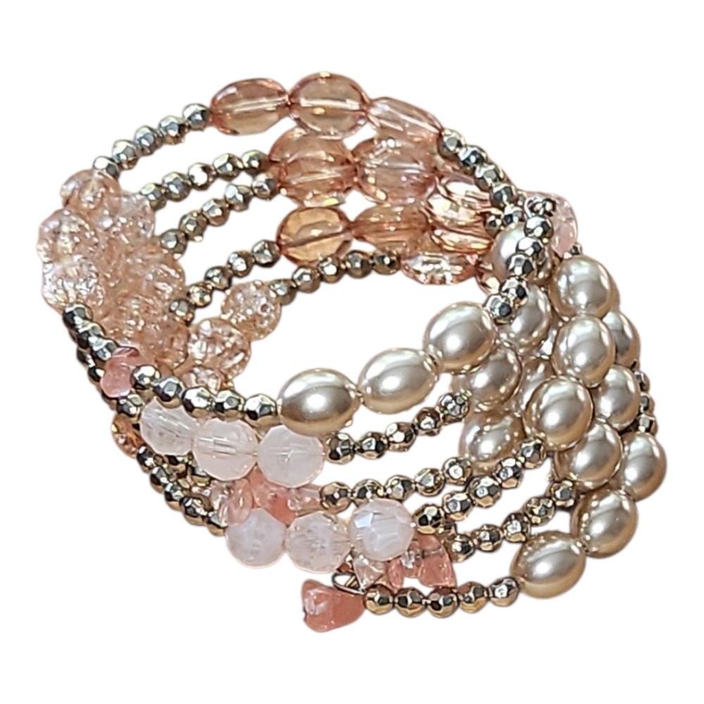 Beaded Wrap Bracelet. Memory Spring Wire. Pink, Ivory, Silver, and White Beads